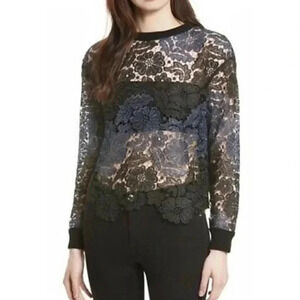 Alice + Olivia Jessa Floral Lace Crew Neck Pullover Sweater Blue Black XS